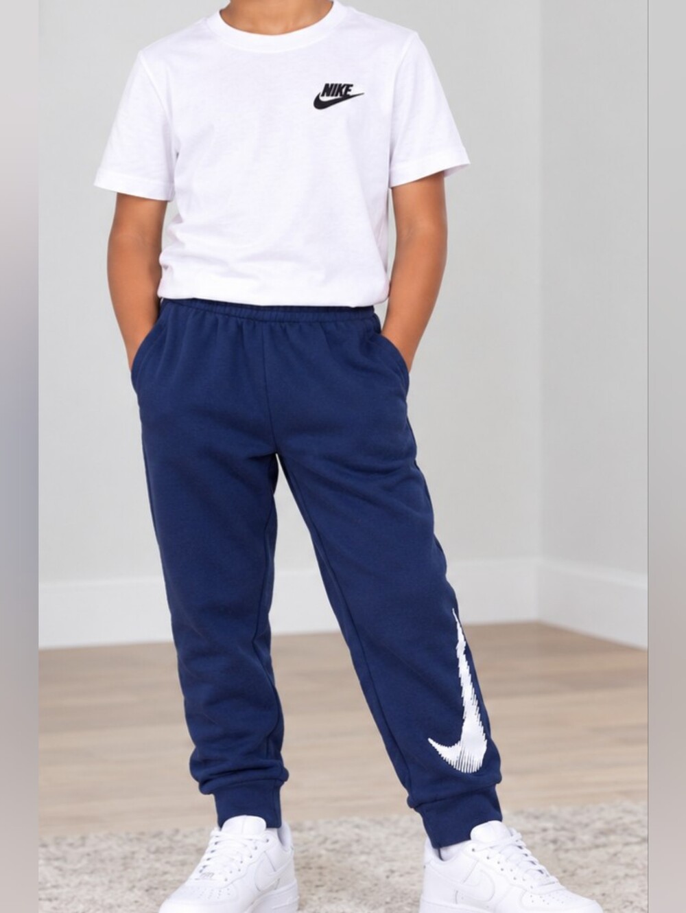 * Nike Boys Toddler Therma-Fit Basketball Sweatpants White Swoosh Navy Size 4T